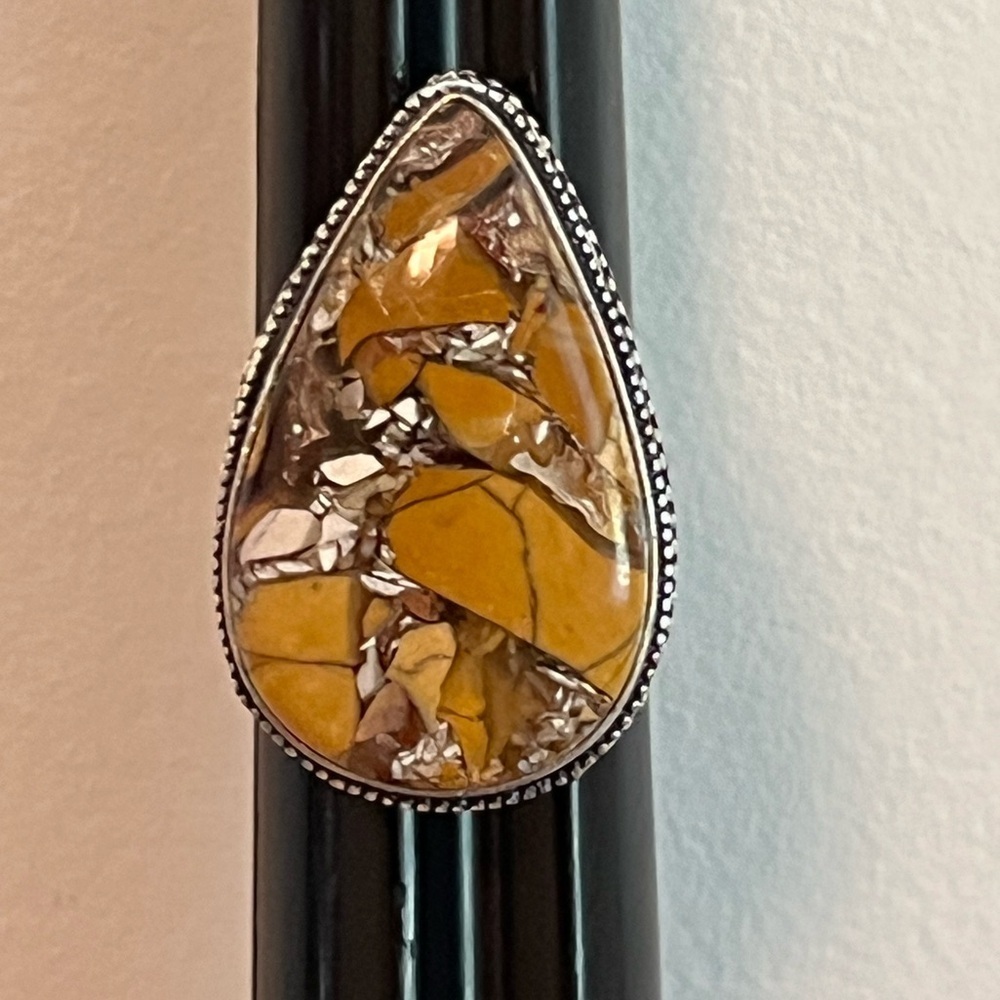 STATEMENT GEMSTONE RING SILVER OVERLAY BRECCIATED MOOKAITE SIZE 7.5-7.75 - Picture 7 of 7